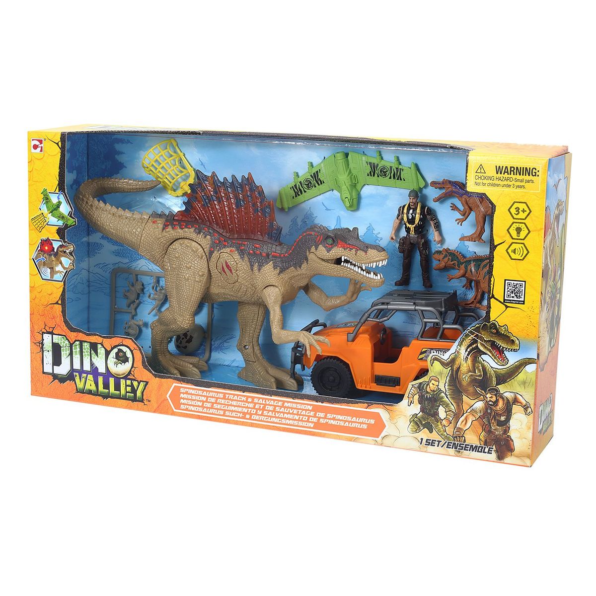 DINO VALLEY - Muñeco de Dinosaurio Dino Valley, Incluye (3 Dinosaurios + Carro + Muñeco) A Partir de los 3 años, Necesita Pilas