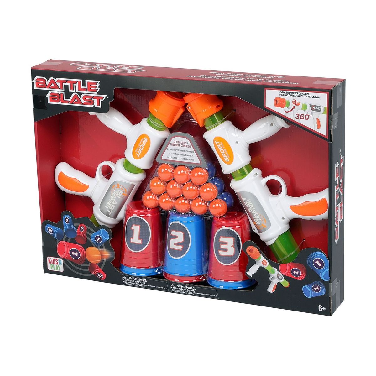 KIDS N PLAY - Lanzador Battel Blast, Incluye ( 2 Lanzadores + 6 vasos objetivo + 24 pelotas de espuma) apartir de los 6 años