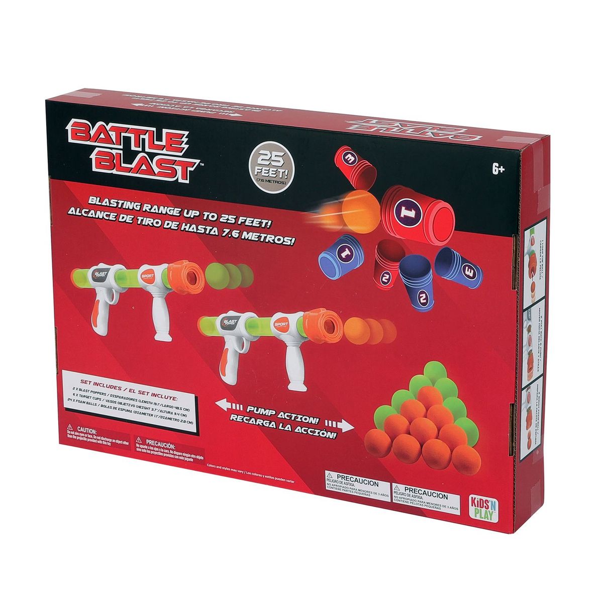 KIDS N PLAY - Lanzador Battel Blast, Incluye ( 2 Lanzadores + 6 vasos objetivo + 24 pelotas de espuma) apartir de los 6 años