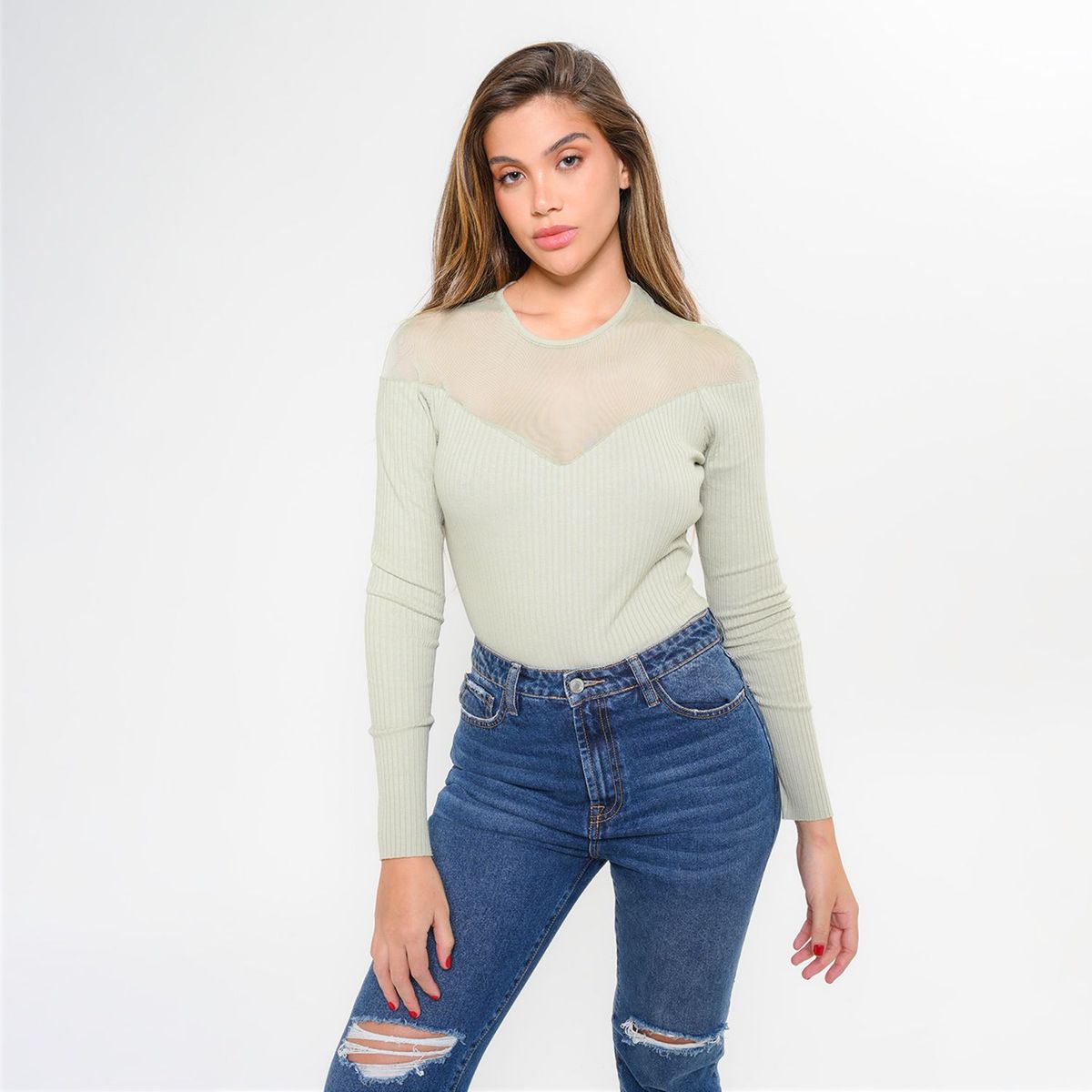 MOSSIMO - Body para Mujer Con transparencia Manga larga de Algodón Mossimo
