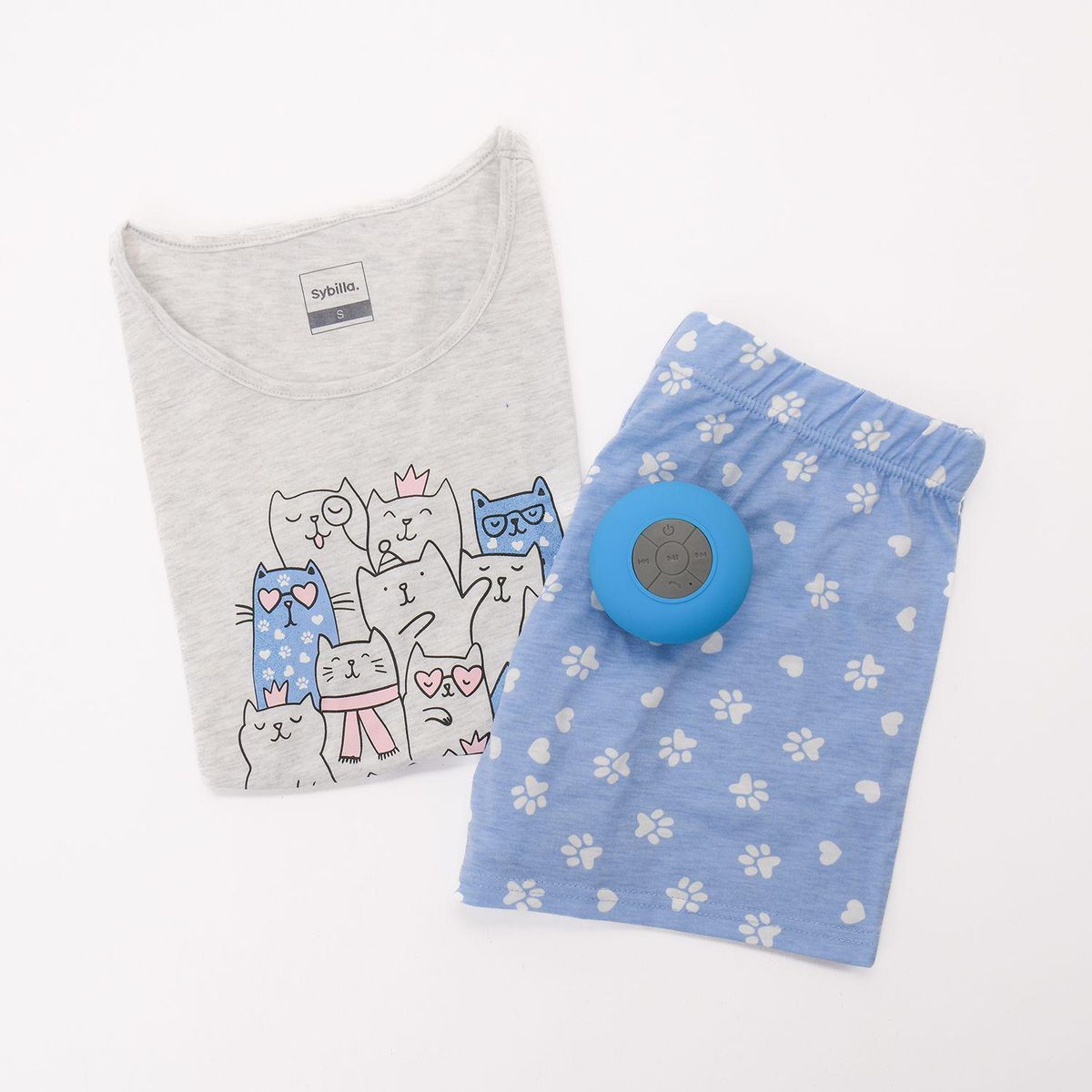 SYBILLA - Set de Regalo Pijama completa con short Manga corta para Mujer Sybilla + Parlante aprueba de agua