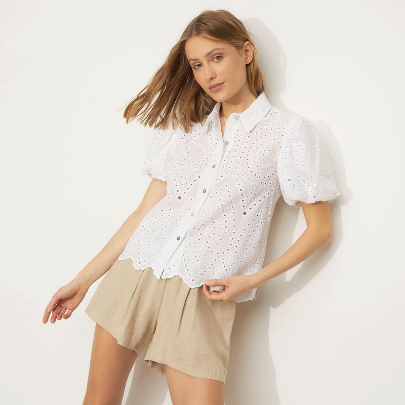 BASEMENT - Blusa para Mujer con Bordado Manga corta globo de Algodón Basement
