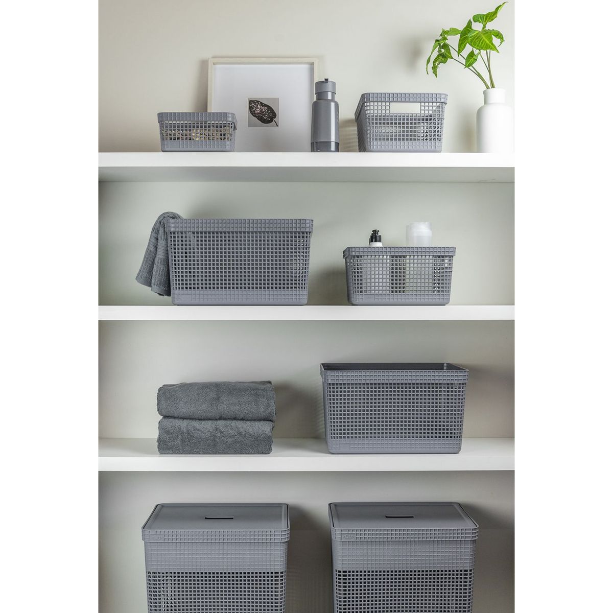 OU - Cesta Organizadora con Tapa Multiusos Polipropileno 22.2 x 28 cm. Cesta de Ropa. Cesta Organizadora de baño Mica