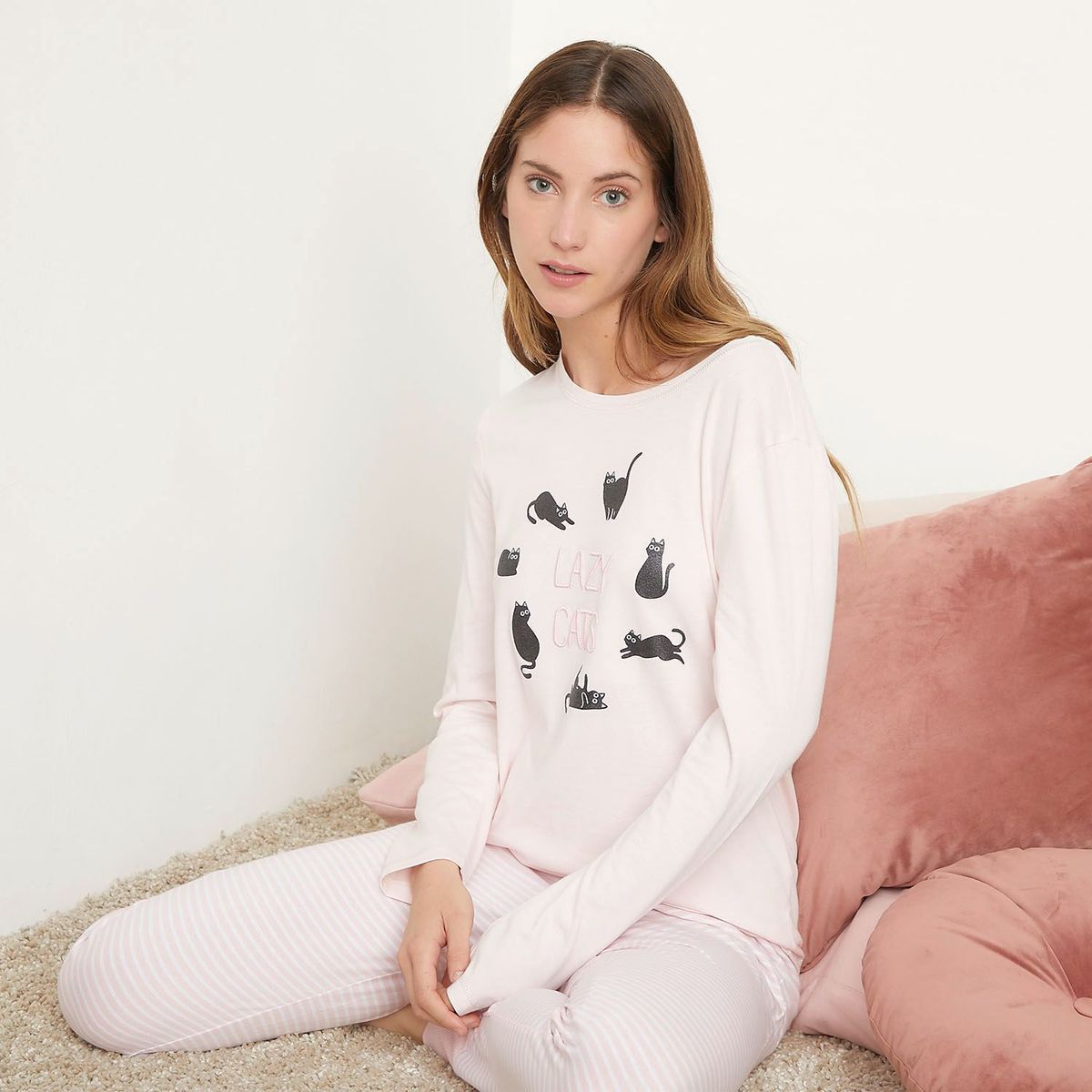 SYBILLA - Camiseta de pijama Mujer Manga larga de Algodón Sybilla