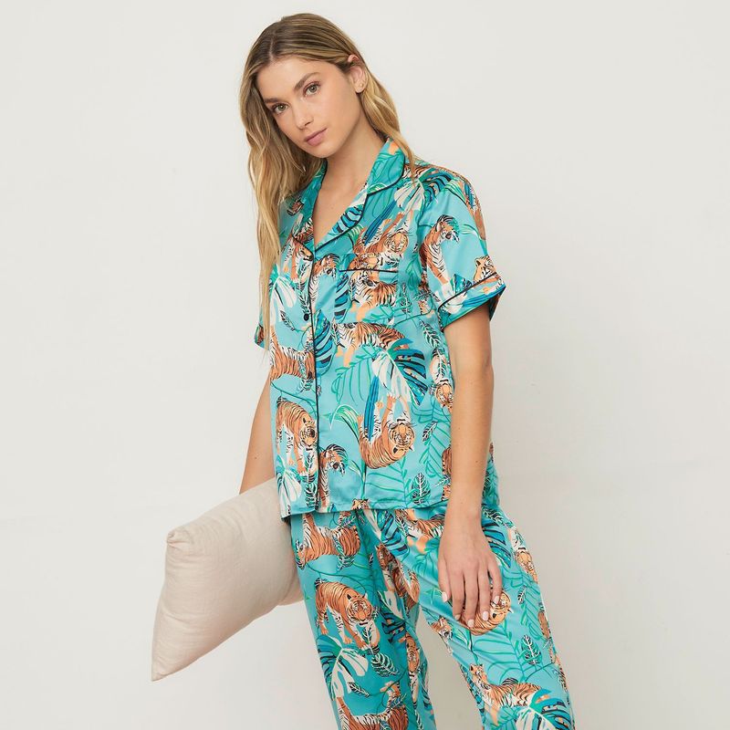 SYBILLA - Pijama completa con pantalón para Mujer Larga Manga corta Satín Sybilla