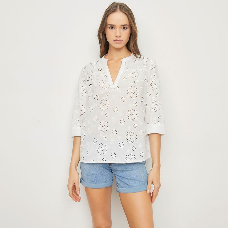 UNIVERSITY CLUB - Blusa para Mujer con Ojalillo Manga 3/4 de Algodón University Club