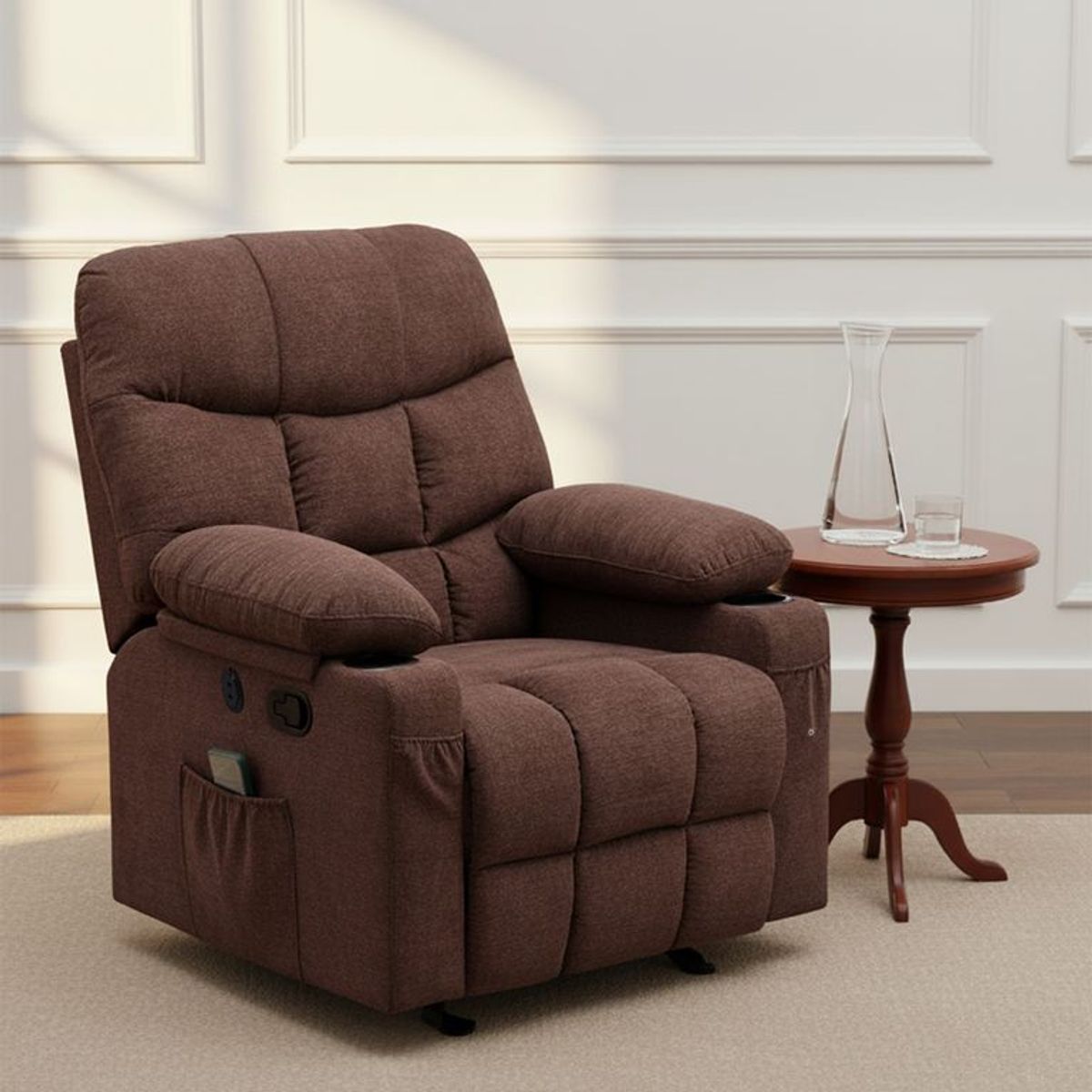 MICA - Silla Reclinable 1 Puesto Masajeadora, Mecedora con Calentador y Puertos USB en Tela Thunder 105 x 95 x 95 cm Mica
