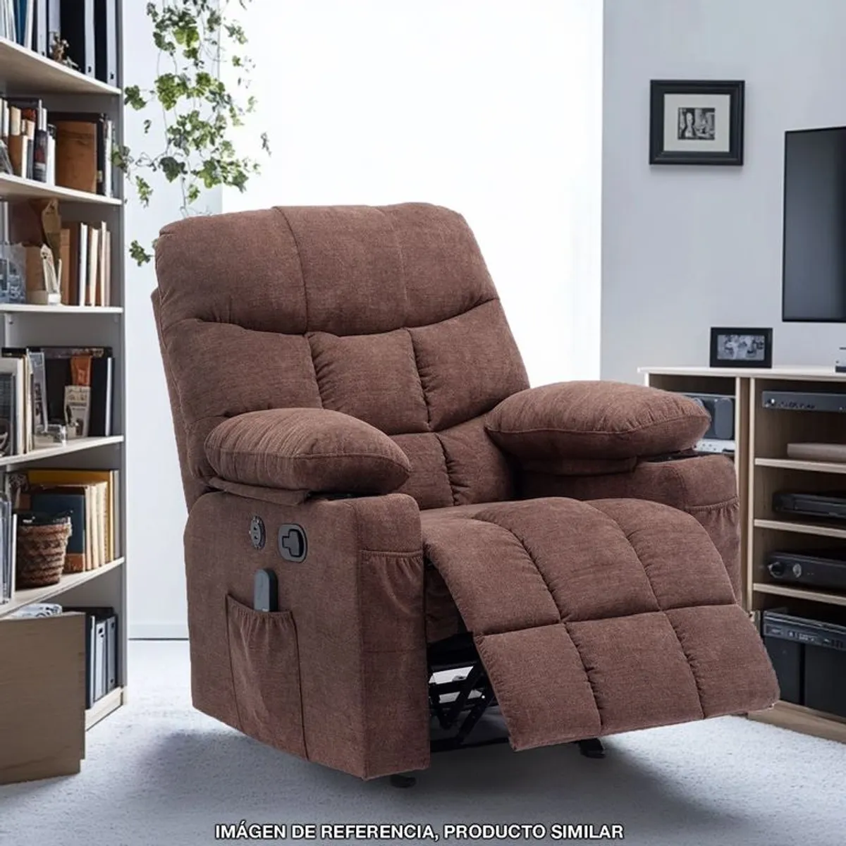 MICA - Silla Reclinable 1 Puesto Masajeadora, Mecedora con Calentador y Puertos USB en Tela Thunder 105 x 95 x 95 cm Mica