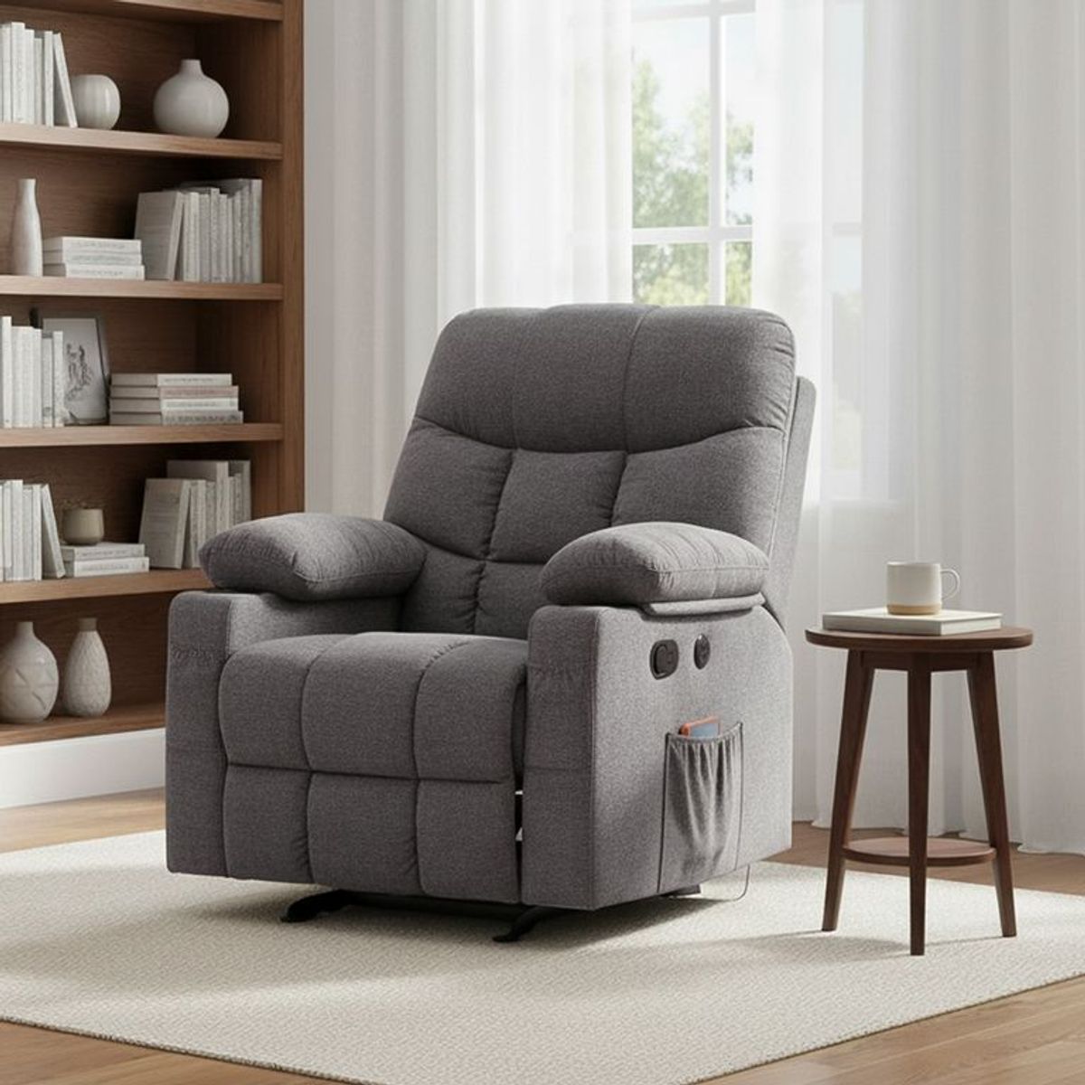 MICA - Silla Reclinable 1 Puesto Masajeadora, Mecedora con Calentador y Puertos USB en Tela Thunder 105 x 95 x 95 cm Mica