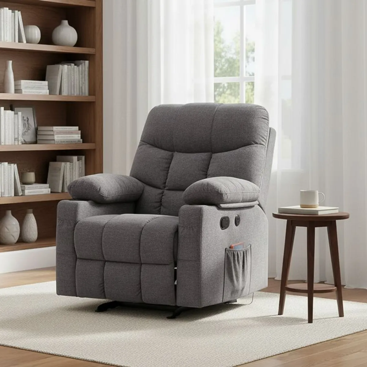 MICA - Silla Reclinable 1 Puesto Masajeadora, Mecedora con Calentador y Puertos USB en Tela Thunder 105 x 95 x 95 cm Mica