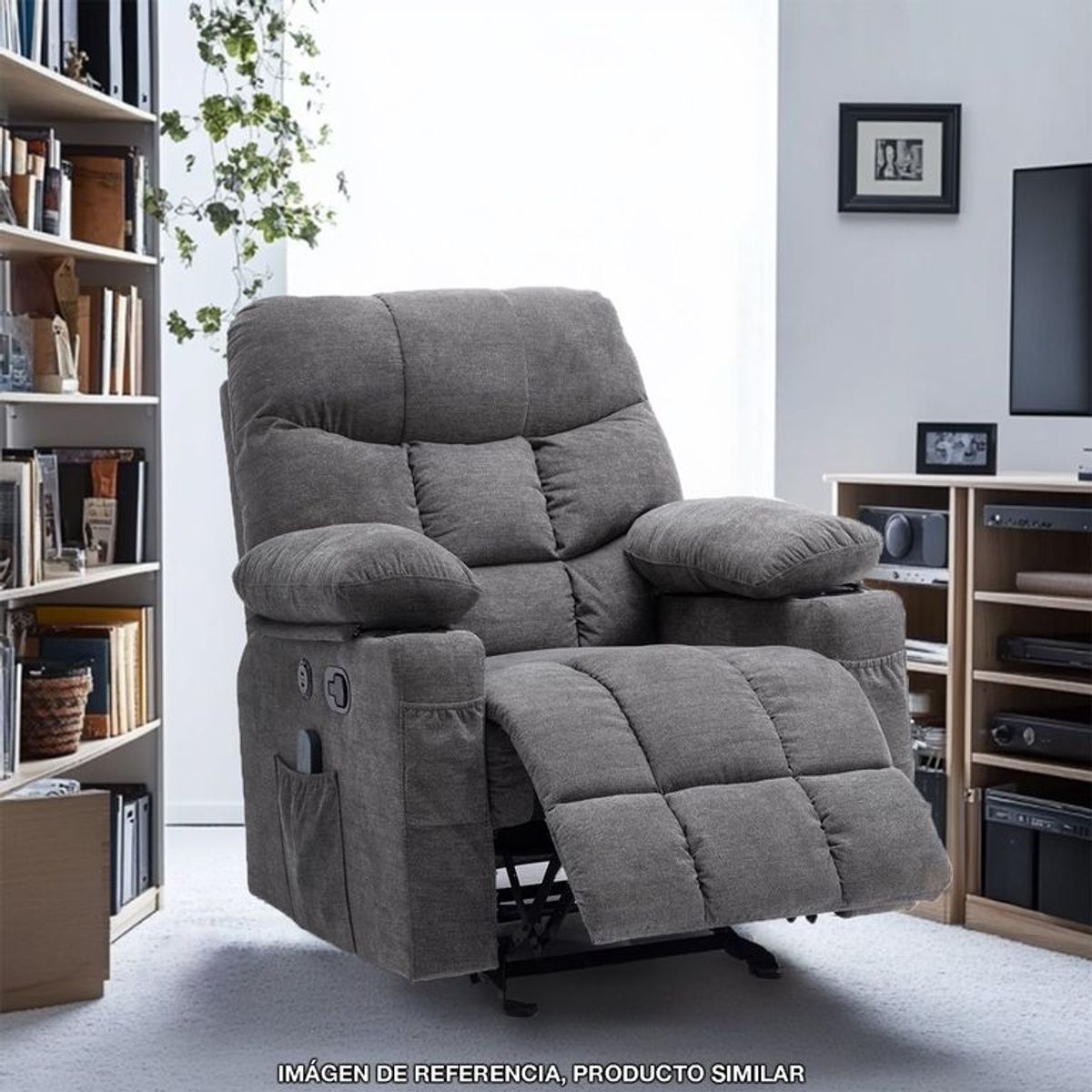 MICA - Silla Reclinable 1 Puesto Masajeadora, Mecedora con Calentador y Puertos USB en Tela Thunder 105 x 95 x 95 cm Mica