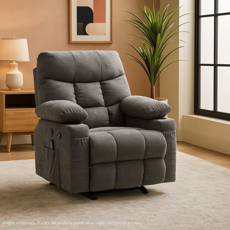 MICA - Silla Reclinable 1 Puesto Masajeadora, Mecedora con Calentador y Puertos USB en Tela Thunder 105 x 95 x 95 cm Mica -  0% Interés a 3, 6 o 12 Cuotas Pagando con tu CMR Banco Falabella