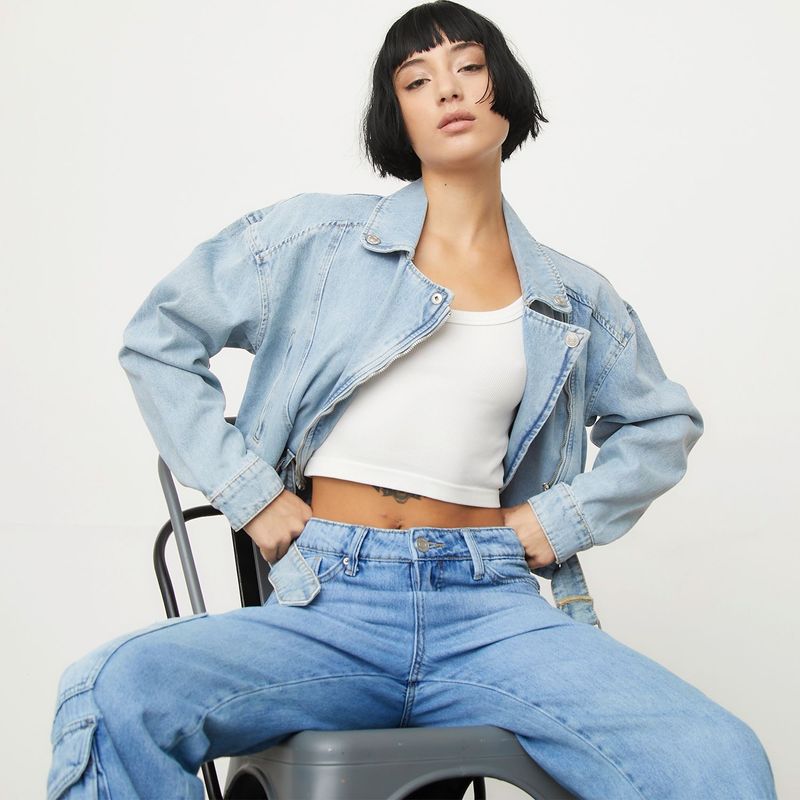 DENIMLAB - Chaqueta de jean para Mujer Tipo biker de Algodón Denimlab