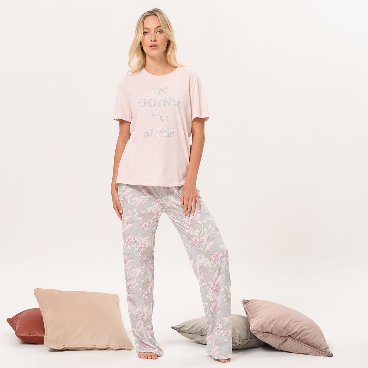 SOUTHLAND - Pijama Completa con pantalón Mujer Largo Manga corta de Algodón Southland