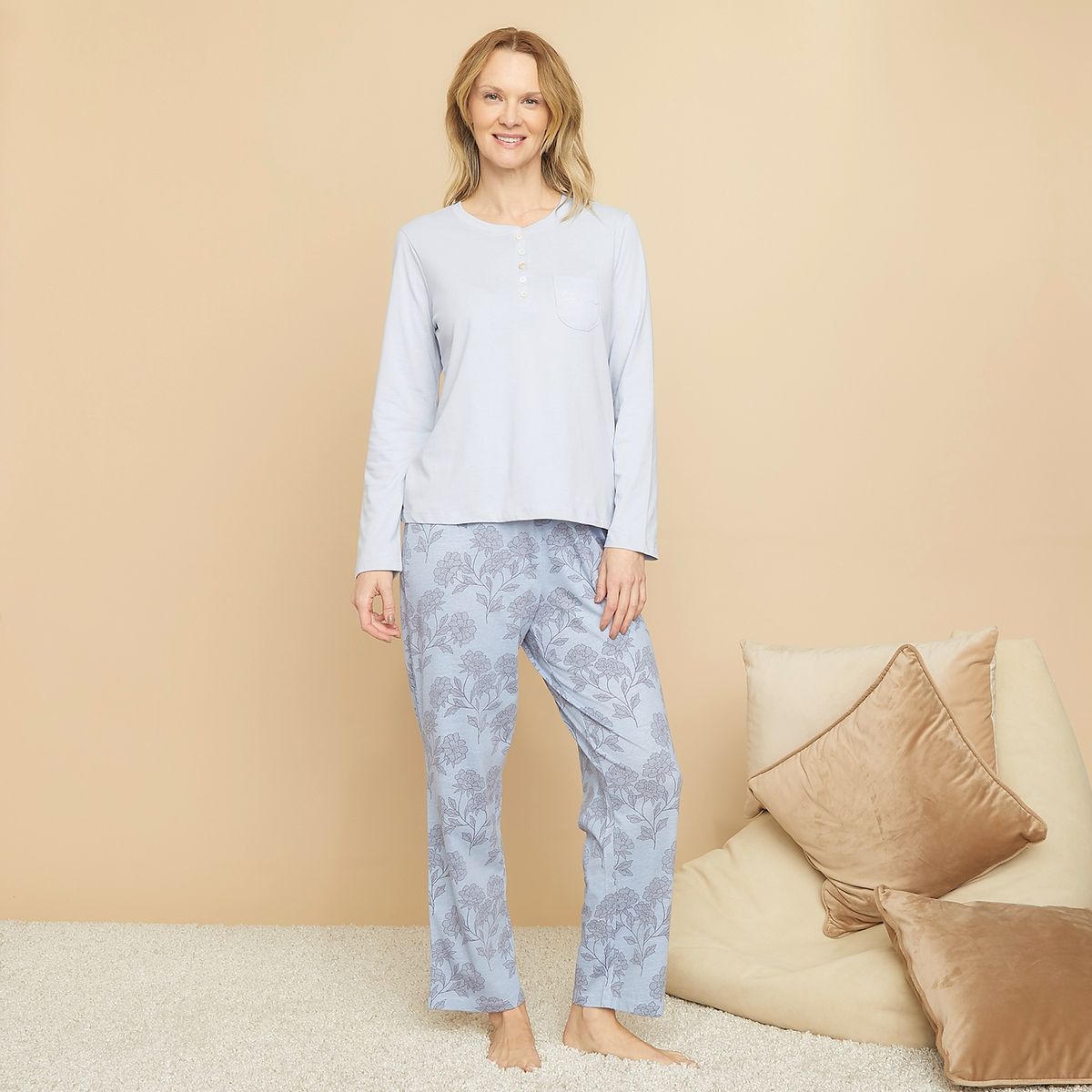 SOUTHLAND - Pijama Completa con pantalón Mujer Largo Manga larga de Algodón Southland