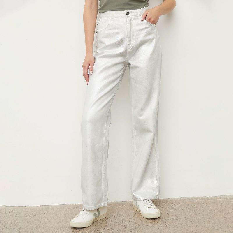 BASEMENT - Jean Recto para Mujer Tiro alto Metalizado de Algodón Basement