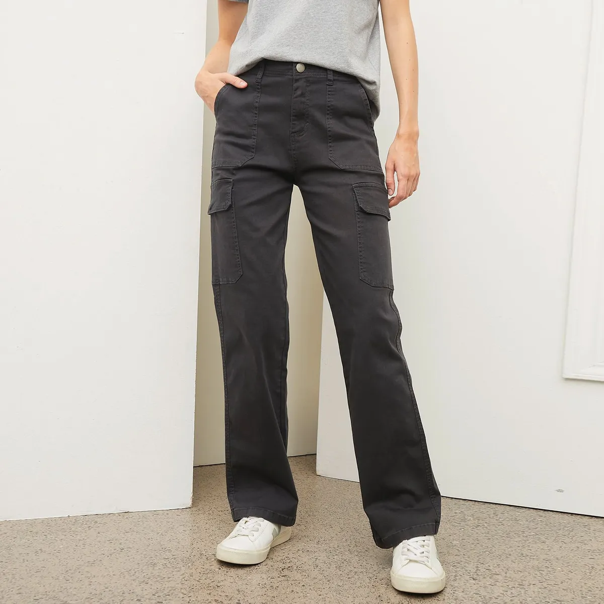 BASEMENT - Pantalón Cargo para Mujer Tiro alto de Algodón Basement