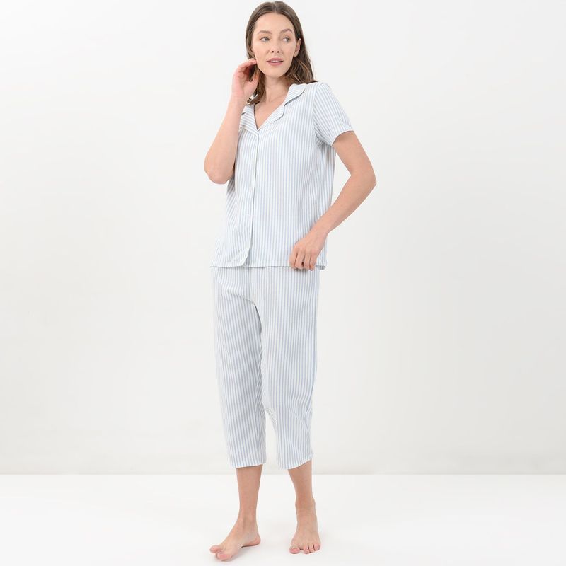 SOUTHLAND - Pijama completa con pantalón Mujer Medio Manga corta de Rayas Algodón Southland