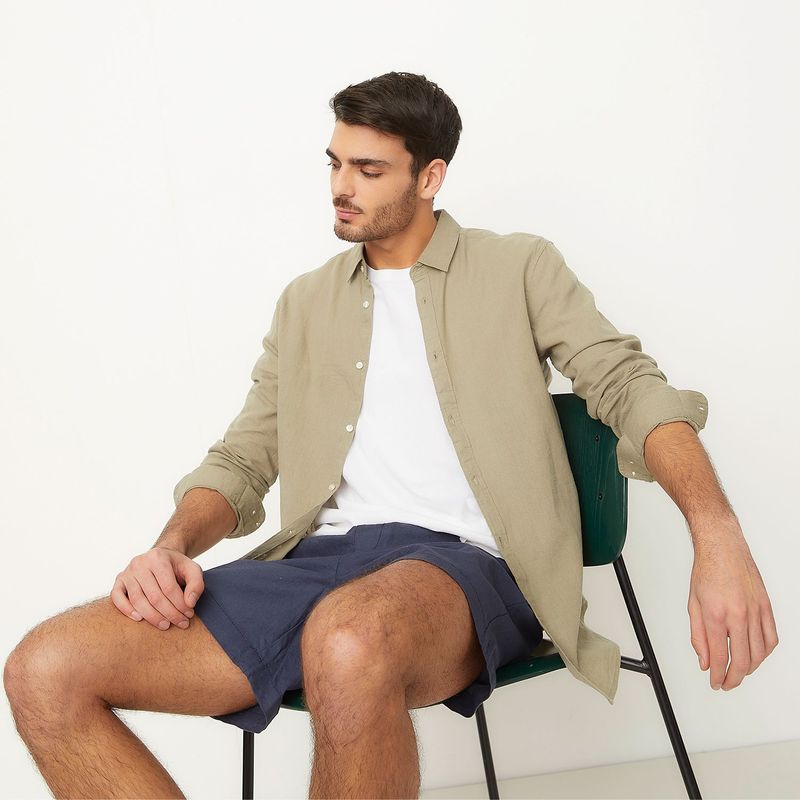 BASEMENT - Camisa Hombre Manga larga Slim Lino Basement