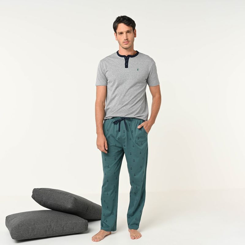 NEWPORT - Pijama para Hombre Larga Manga corta con Estampado de Algodón Newport