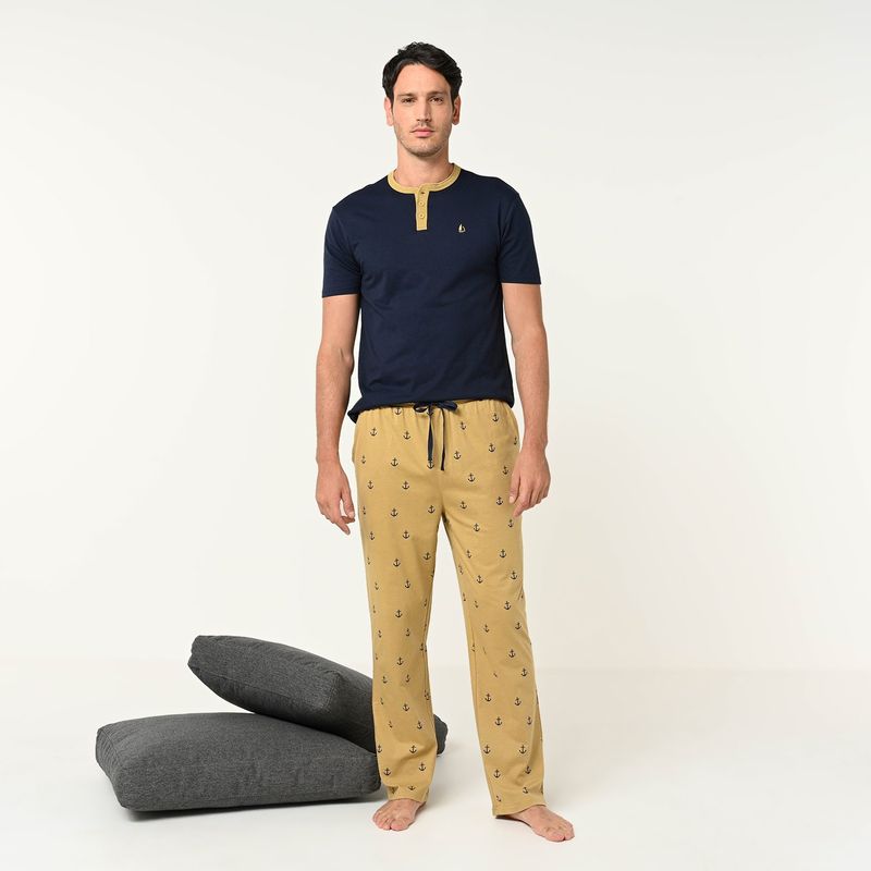 NEWPORT - Pijama para Hombre Larga Manga corta con Estampado de Algodón Newport