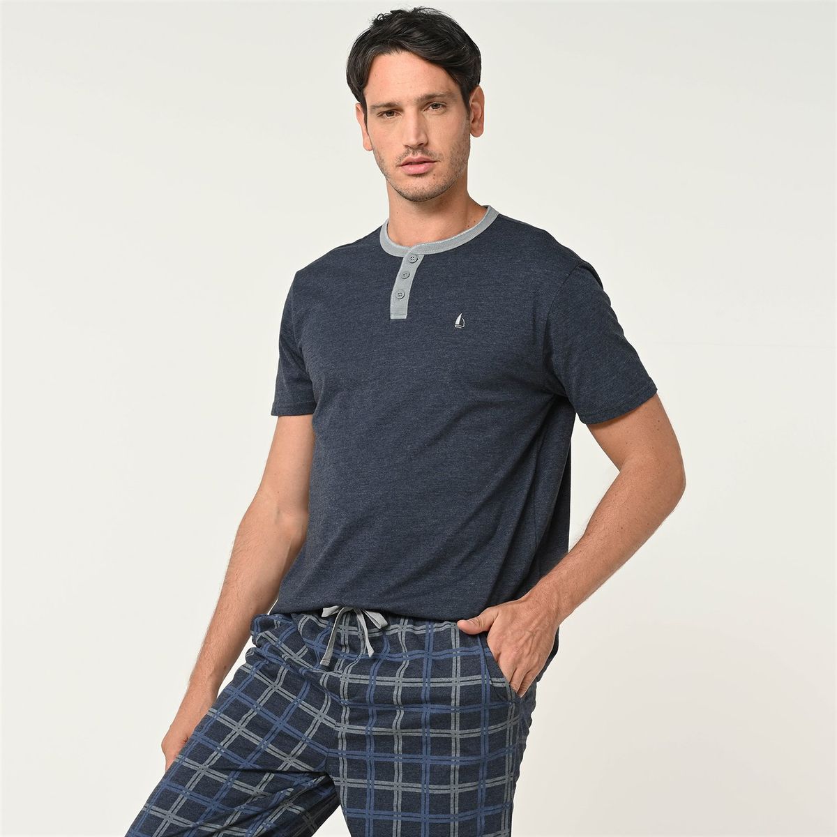 NEWPORT - Pijama para Hombre Larga Manga corta de Cuadros de Algodón Newport