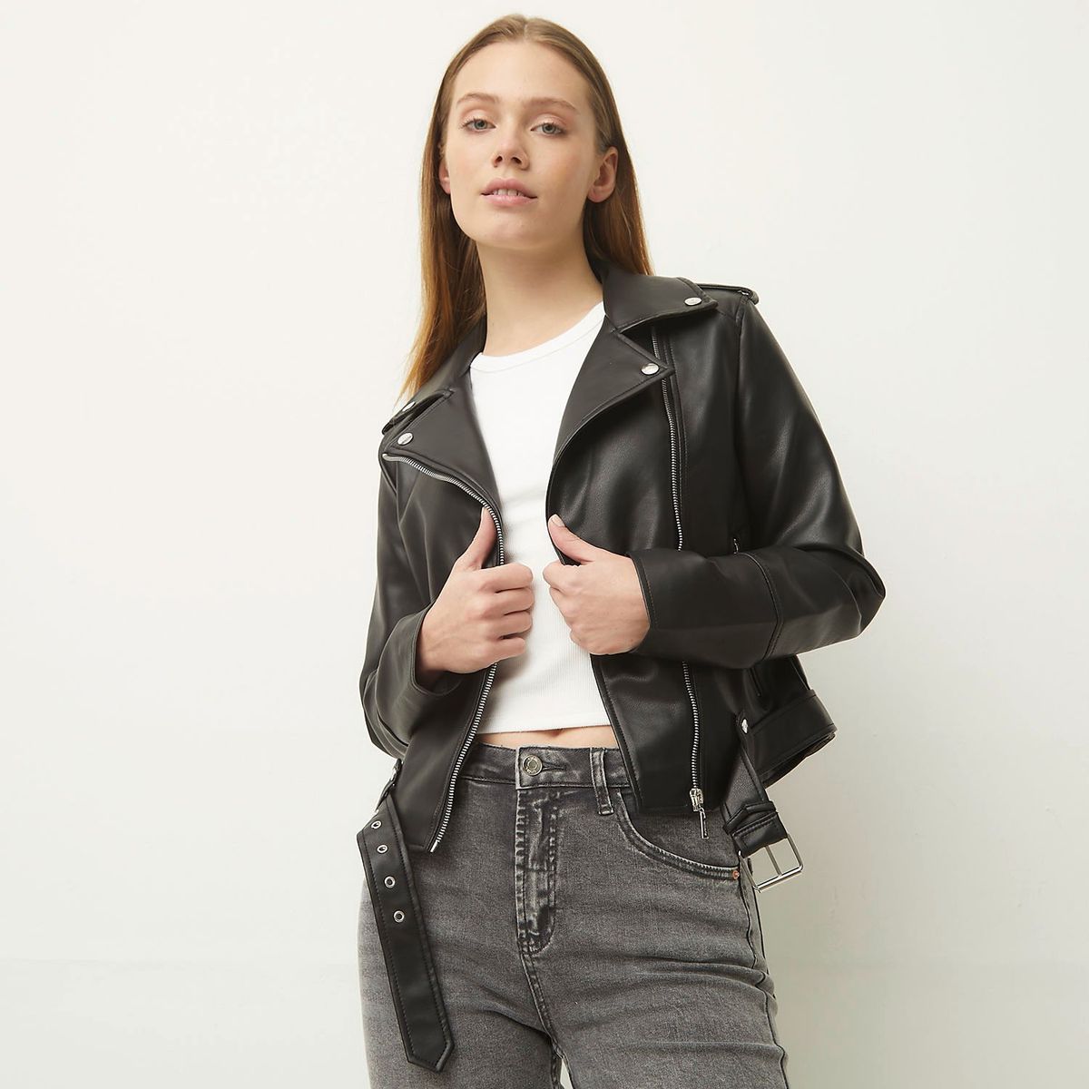 SYBILLA - Chaqueta Mujer Tipo biker Ajustada Efecto cuero Sybilla