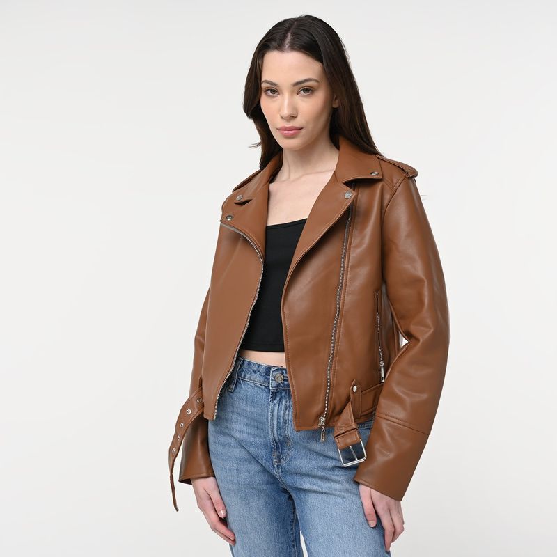 SYBILLA - Chaqueta Mujer Tipo biker Ajustada Efecto cuero Sybilla
