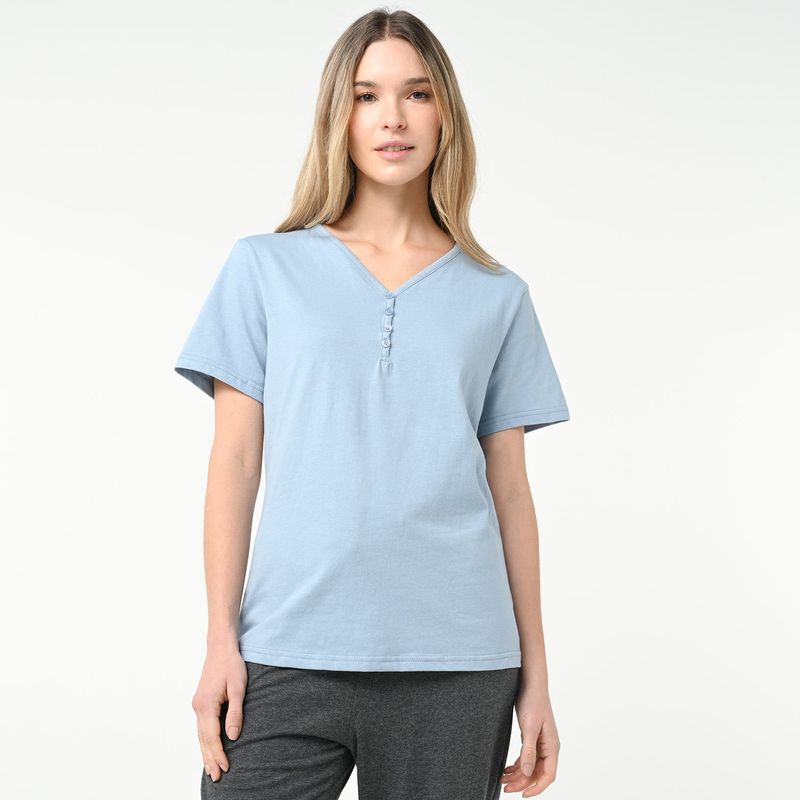 BLU - Camisa de dormir Mujer Manga corta de Algodón blu