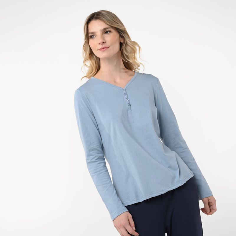 BLU - Camiseta de pijama Mujer Manga larga de Algodón Blu