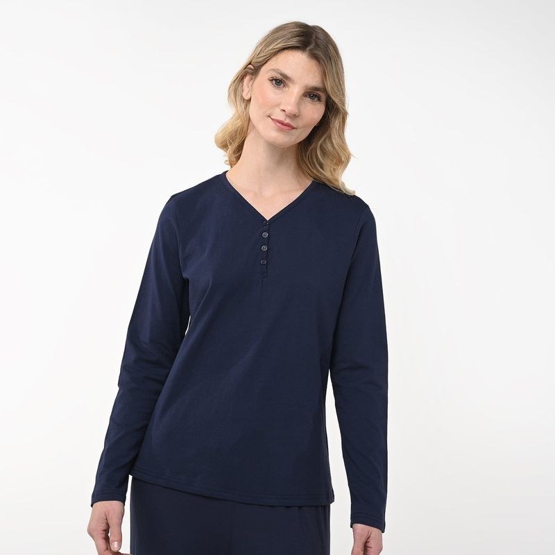 BLU - Camiseta de pijama Mujer Manga larga de Algodón Blu