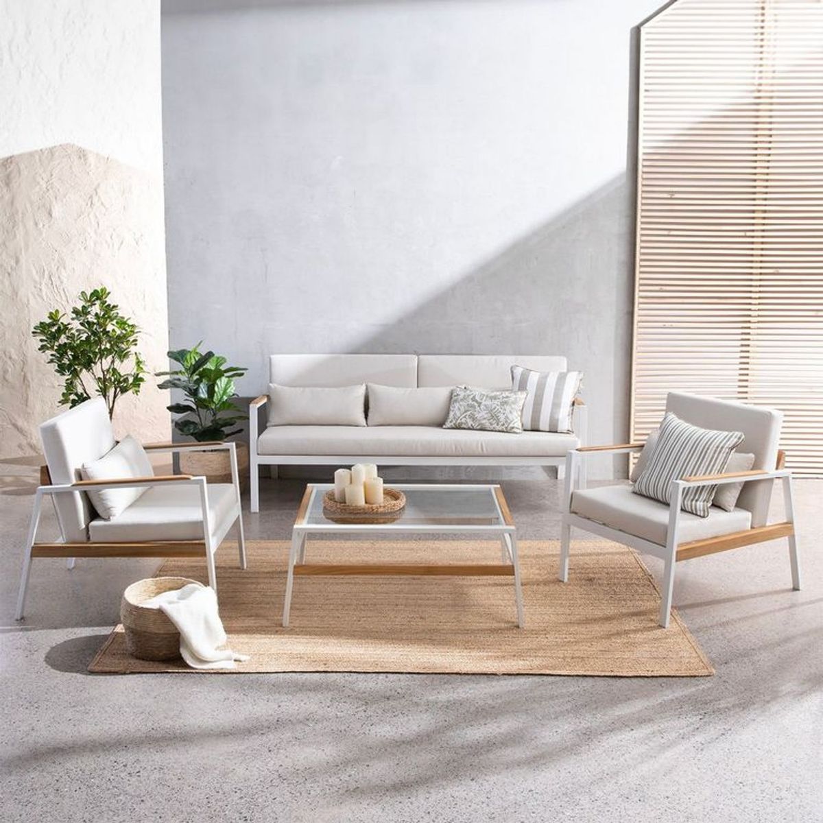 BASEMENT HOME - Sala para exterior de acero 5 puestos Glasgow (Set con sofá, 2 sillas y mesa de centro) Basement Home