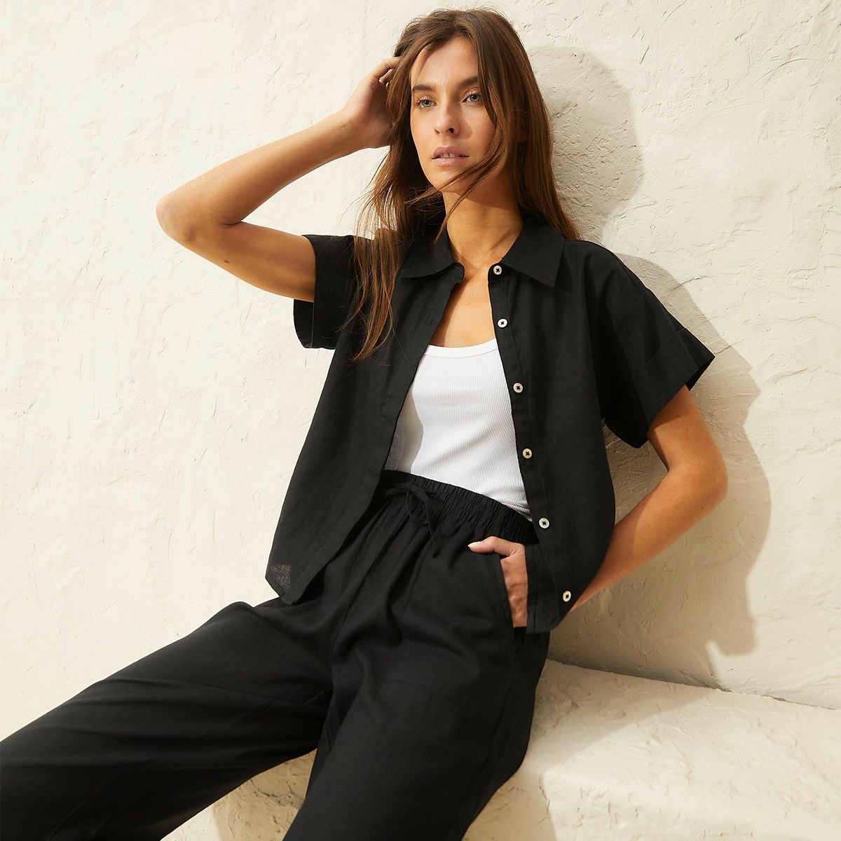 BASEMENT - Camisa Mujer Manga corta Lino Basement