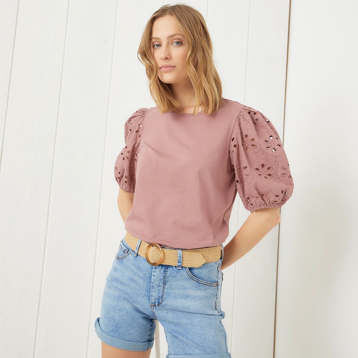 UNIVERSITY CLUB - Camiseta Mujer con Ojalillo Manga corta de Algodón University Club