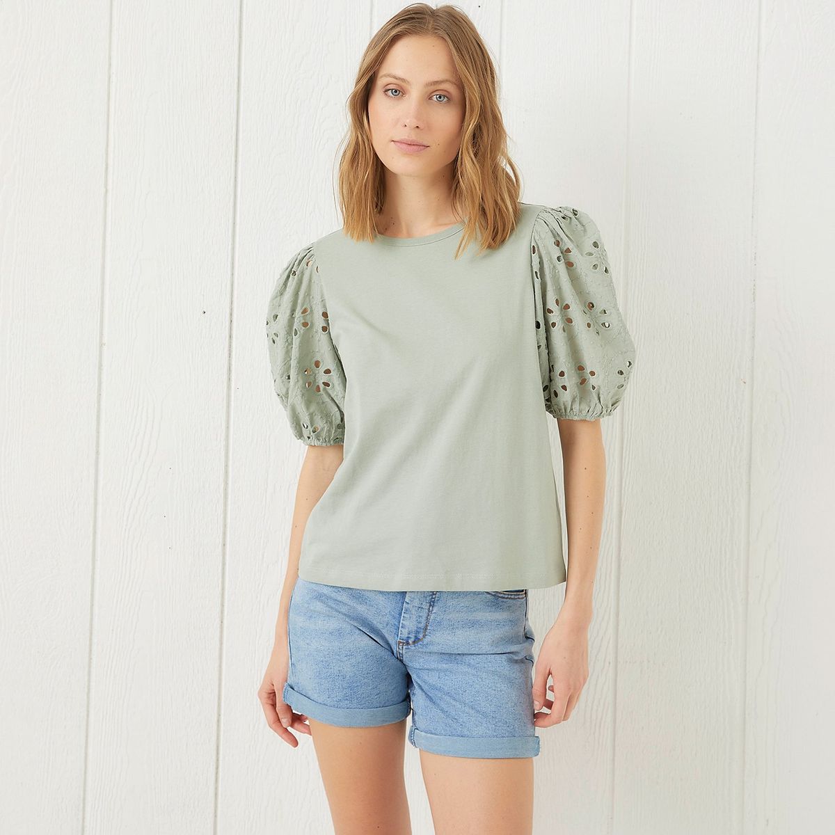 UNIVERSITY CLUB - Camiseta Mujer con Ojalillo Manga corta de Algodón University Club