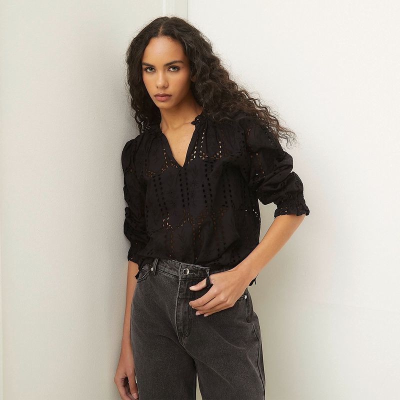 BASEMENT - Blusa Mujer con Ojalillo Manga larga globo de Algodón Basement