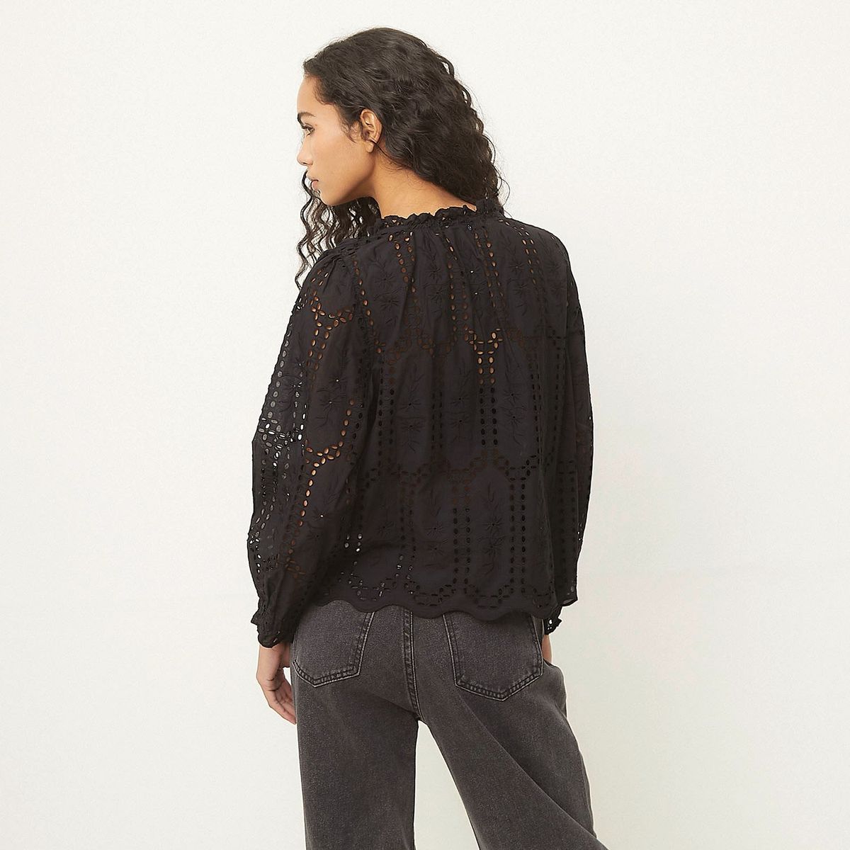 BASEMENT - Blusa Mujer con Ojalillo Manga larga globo de Algodón Basement