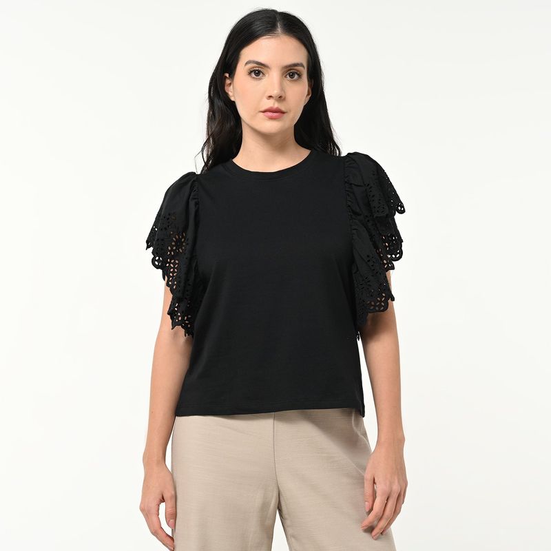 BASEMENT - Camiseta Mujer con Ojalillo Manga corta de Algodón Basement