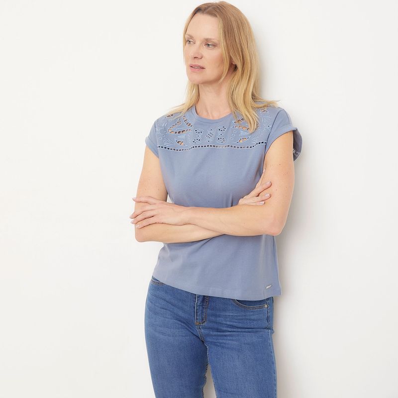 NEWPORT - Blusa Mujer con Ojalillo Manga corta de Algodón Newport