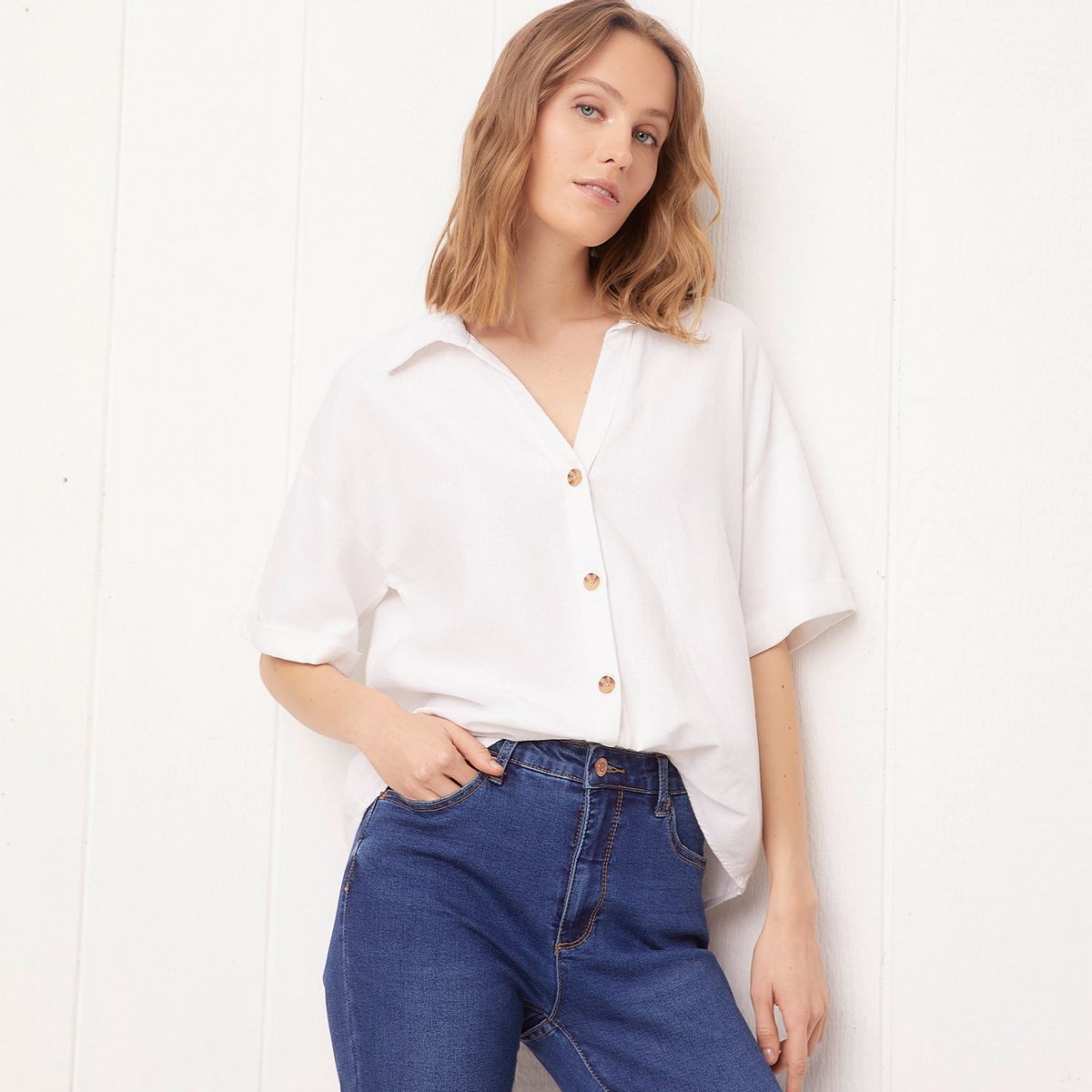 UNIVERSITY CLUB - Camisa Mujer Manga corta Lino University Club