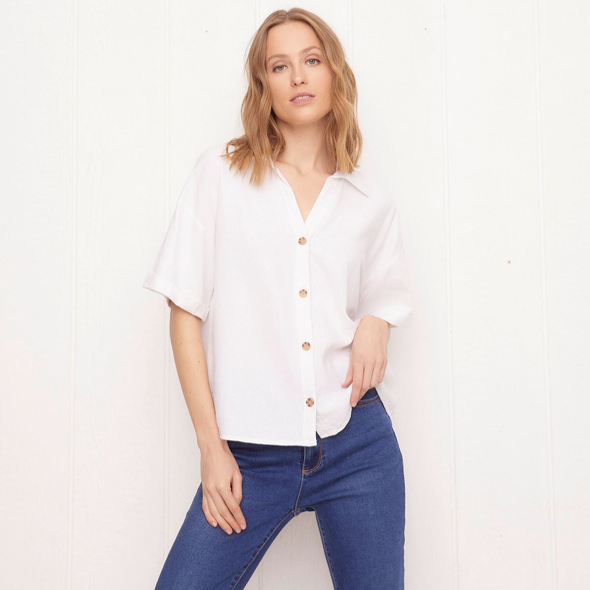 UNIVERSITY CLUB - Camisa Mujer Manga corta Lino University Club