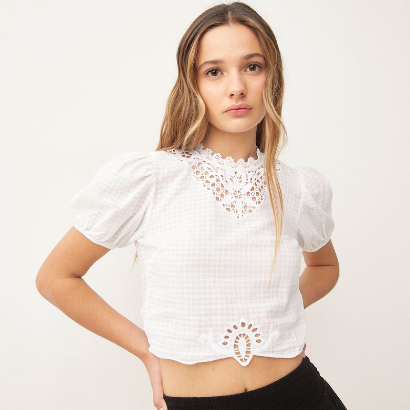 SYBILLA - Blusa Mujer Bordado Manga corta globo de Algodón Sybilla