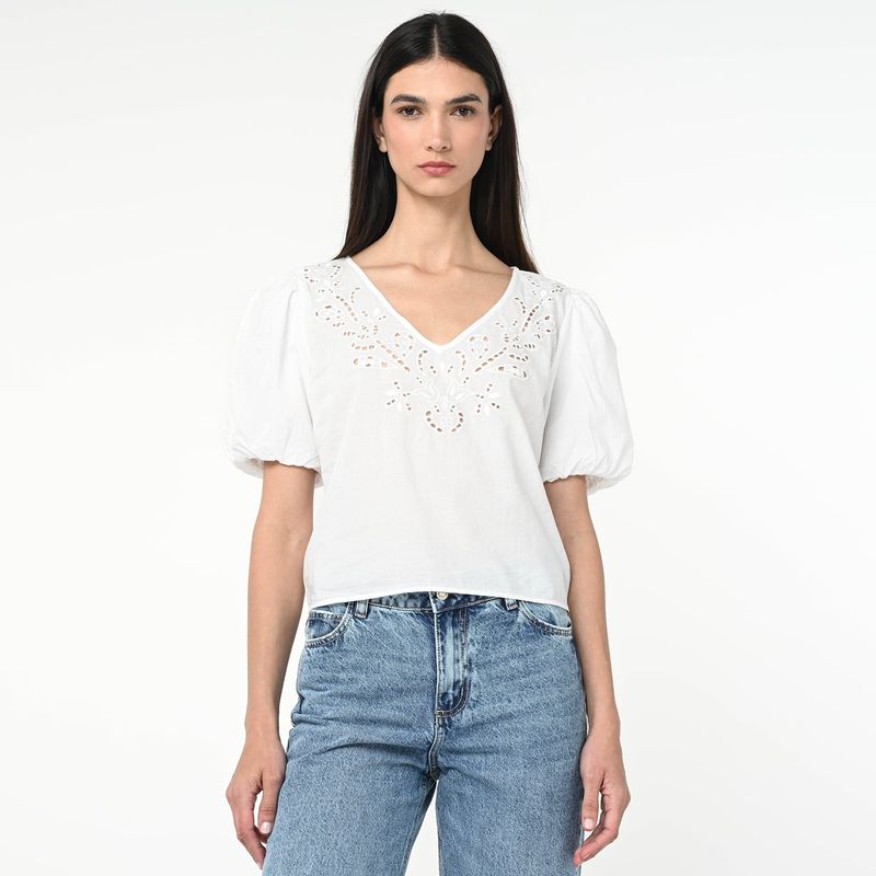 BASEMENT - Blusa Mujer con Ojalillo Manga corta globo de Algodón Basement