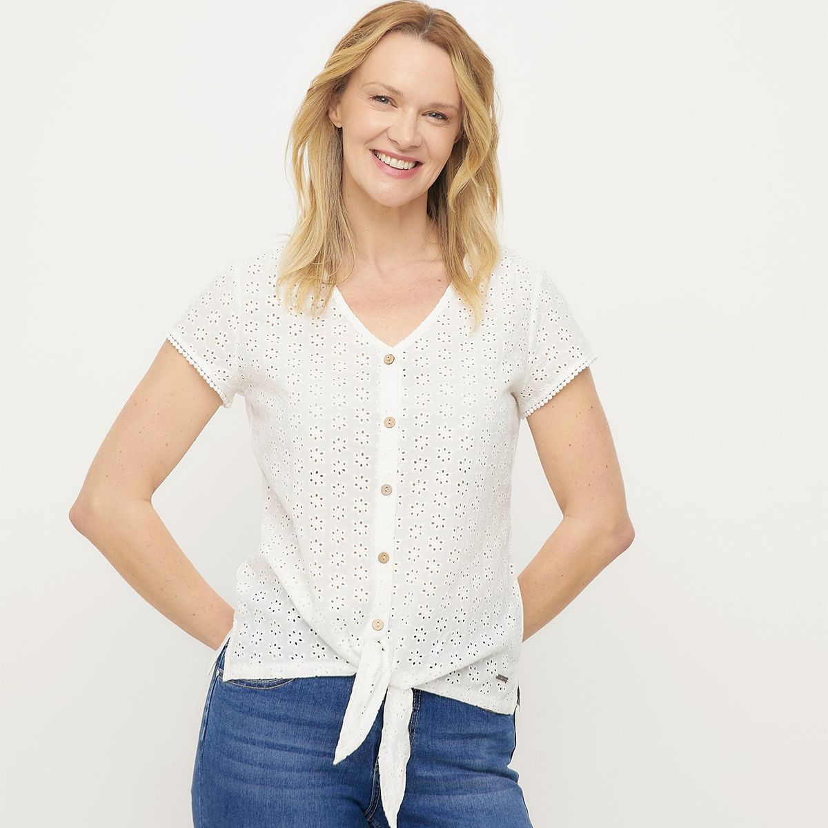 NEWPORT - Blusa Mujer con Ojalillo Manga corta de Algodón Newport