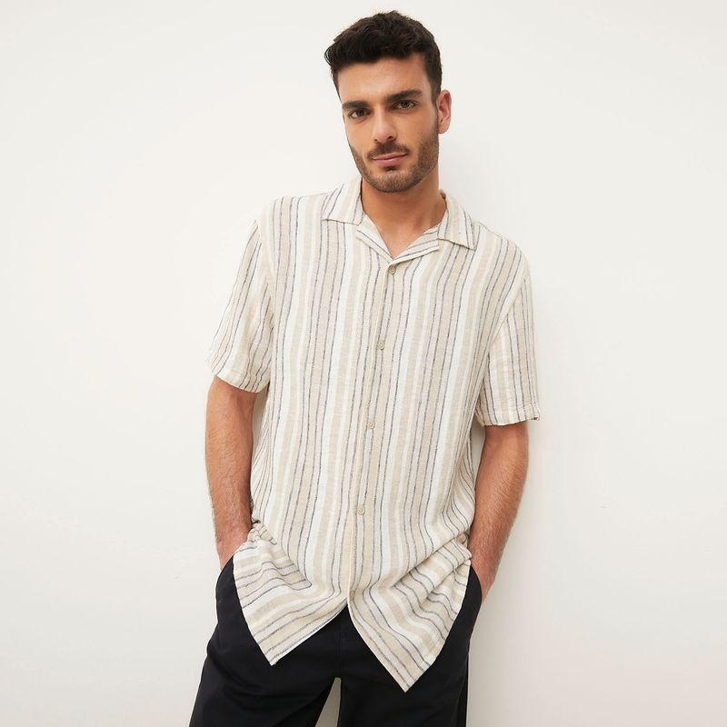 BASEMENT - Camisa Hombre de Rayas Manga corta Slim de Lino Basement