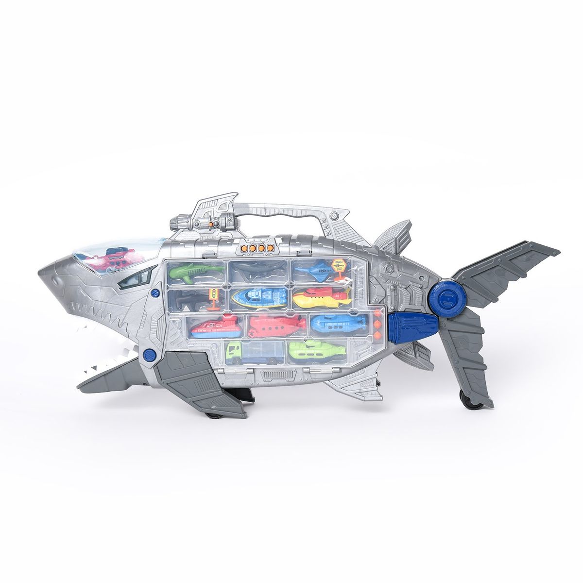 KIDS N PLAY - Maletín Tiburón, set de carros de juguete y pista. Incluye 14 piezas