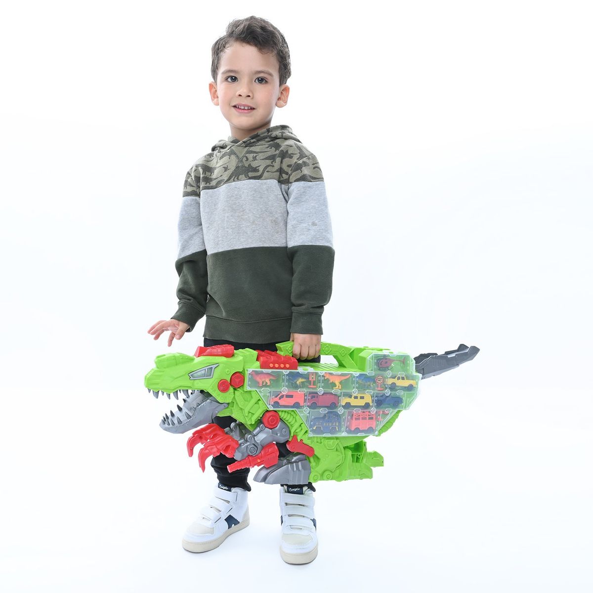 KIDS N PLAY - Maletín Dinosaurio, set de carros de juguete y pista. Incluye 14 piezas