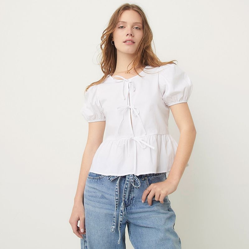 SYBILLA - Blusa Mujer Anudada Manga corta globo de Algodón Sybilla