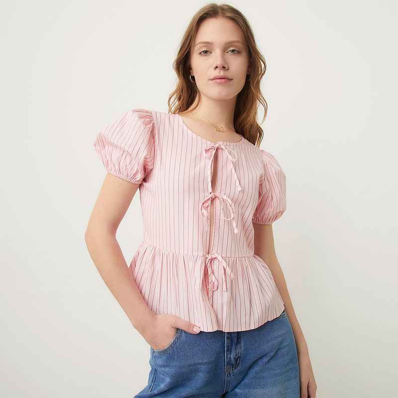 SYBILLA - Blusa Mujer Anudada Manga corta globo de Algodón Sybilla