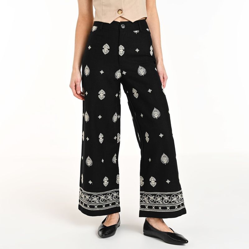 BASEMENT - Pantalón Wide leg Mujer Tiro alto con Bordado Basement